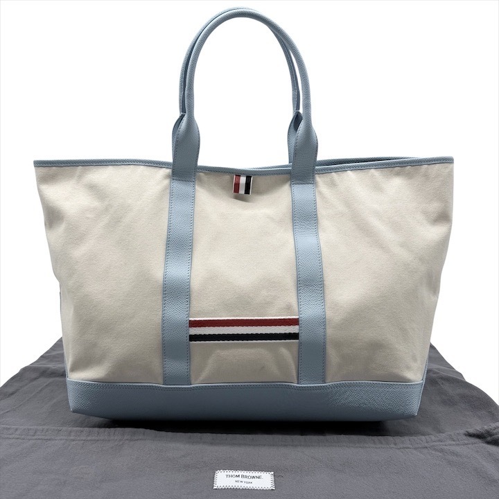 美品 THOM BROWNE トムブラウン 男女兼用 トート バッグ ミディアム レザー キャンバス ライトブルー ホワイト 大容量 通学 k7169