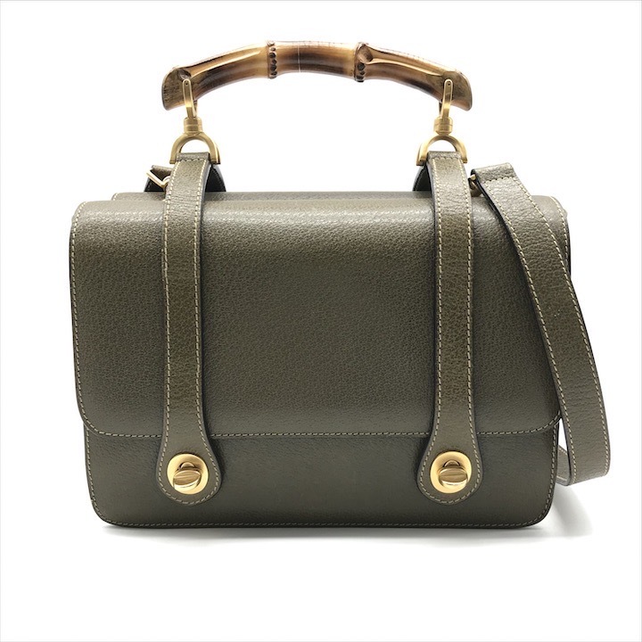 良品 GUCCI グッチ 激レア バンブー ダブル フェイス 2WAY ハンド ショルダー バッグ 斜め掛け カーキ レザー レディース ブランド h764