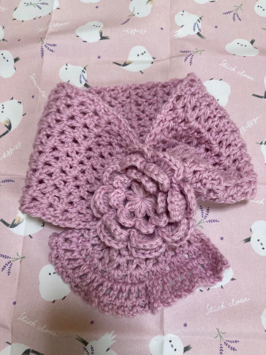 ハンドメイド ☆ミニマフラー☆お花☆手編☆ミックス☆ピンク☆110
