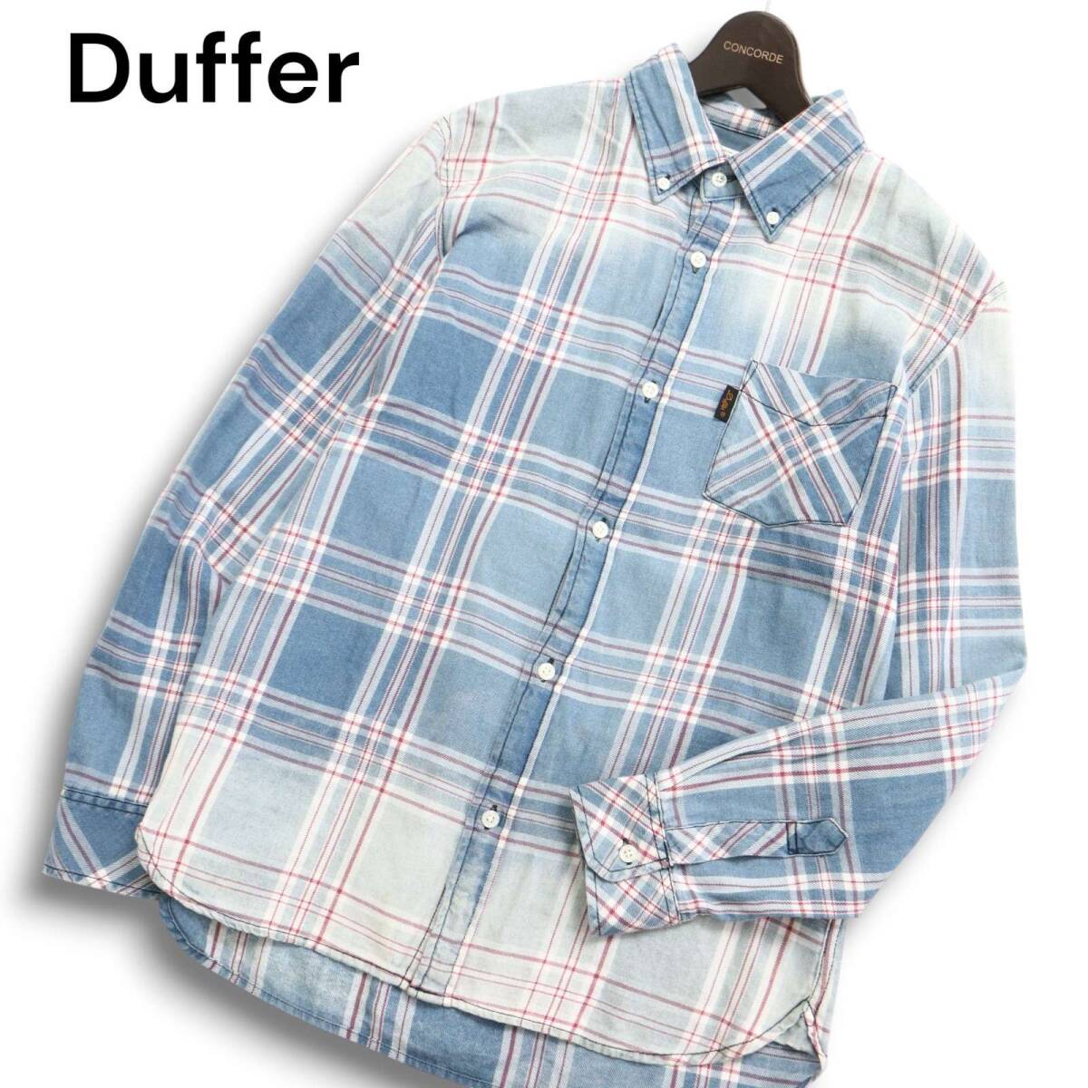 Duffer ダファー 通年 USED加工★ インディゴ 長袖 デニム チェック ボタンダウン シャツ Sz.M メンズ