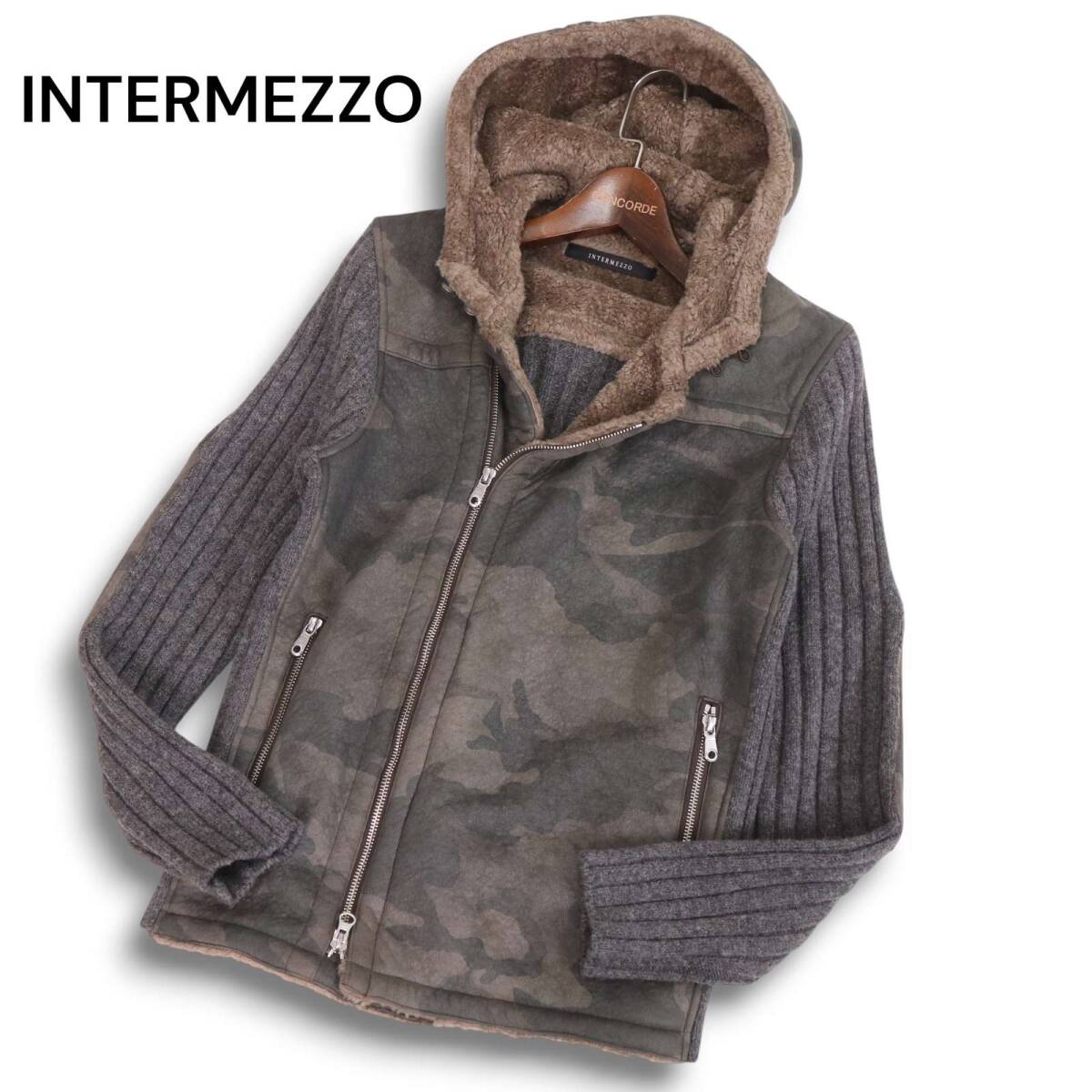 INTERMEZZO インターメッツォ レナウン 裏ボア★ カモ柄 Fムートン切替 ウール ニット ブルゾン ジャケット Sz.48 メンズ