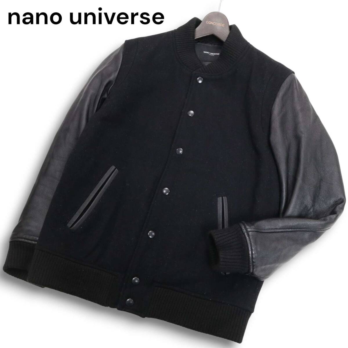 nano universe ナノユニバース 秋冬 袖革★ ラム レザー × ウール 中綿 スタジャン ジャケット Sz.S　メンズ 黒