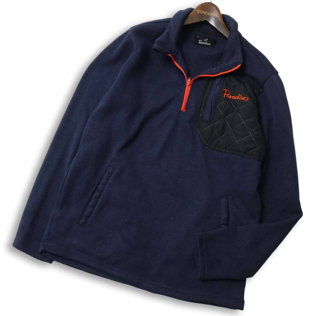 Paradiso パラディーゾ ゴルフ 秋冬 ロゴ刺繍★ 切替 裏起毛 ハーフジップ ニット トレーナー Sz.L メンズ 紺 ネイビー