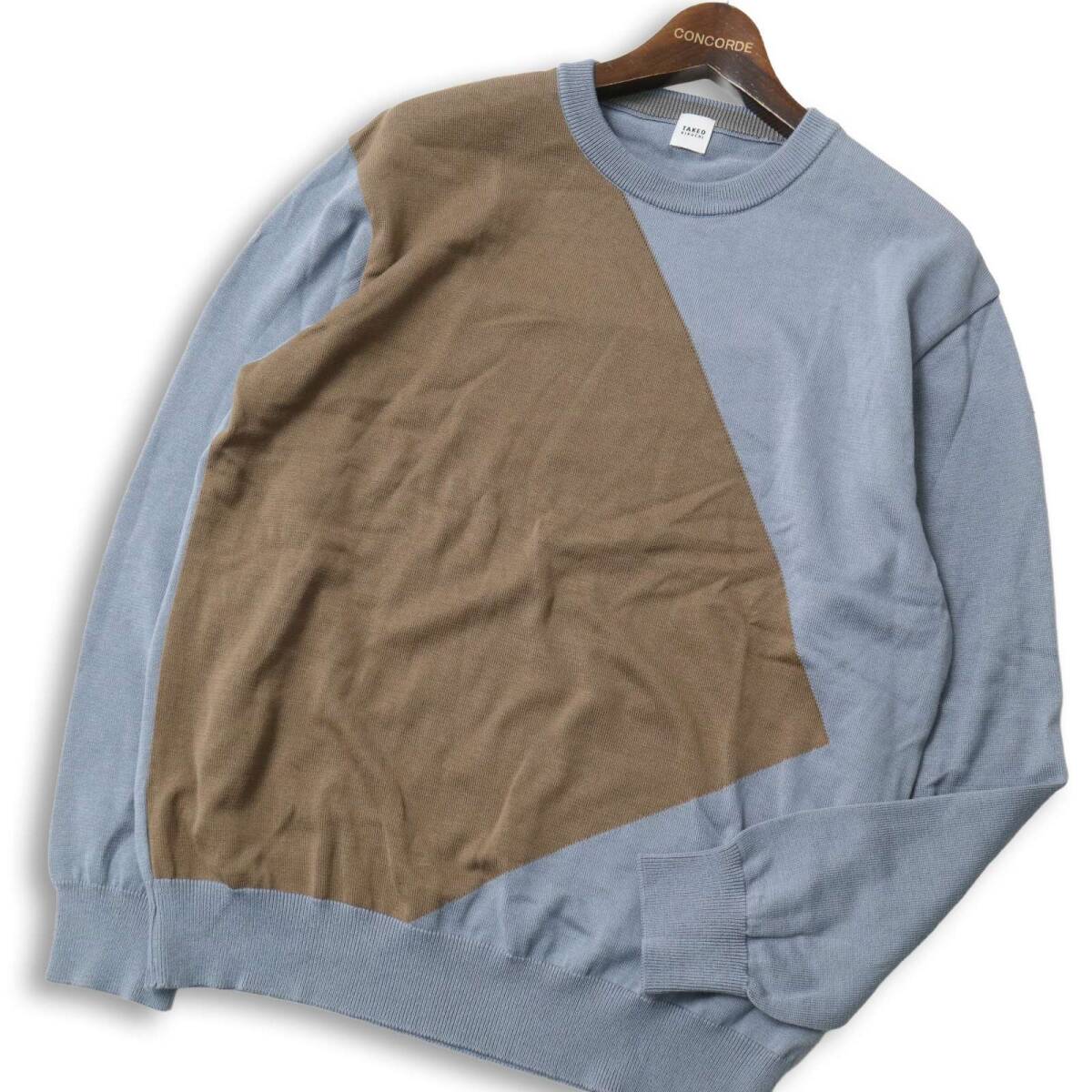 今期!! 25AW★ TAKEO KIKUCHI タケオキクチ 切替 スクエア インターシャ クルーネック ニット セーター Sz.3 メンズ 日本製