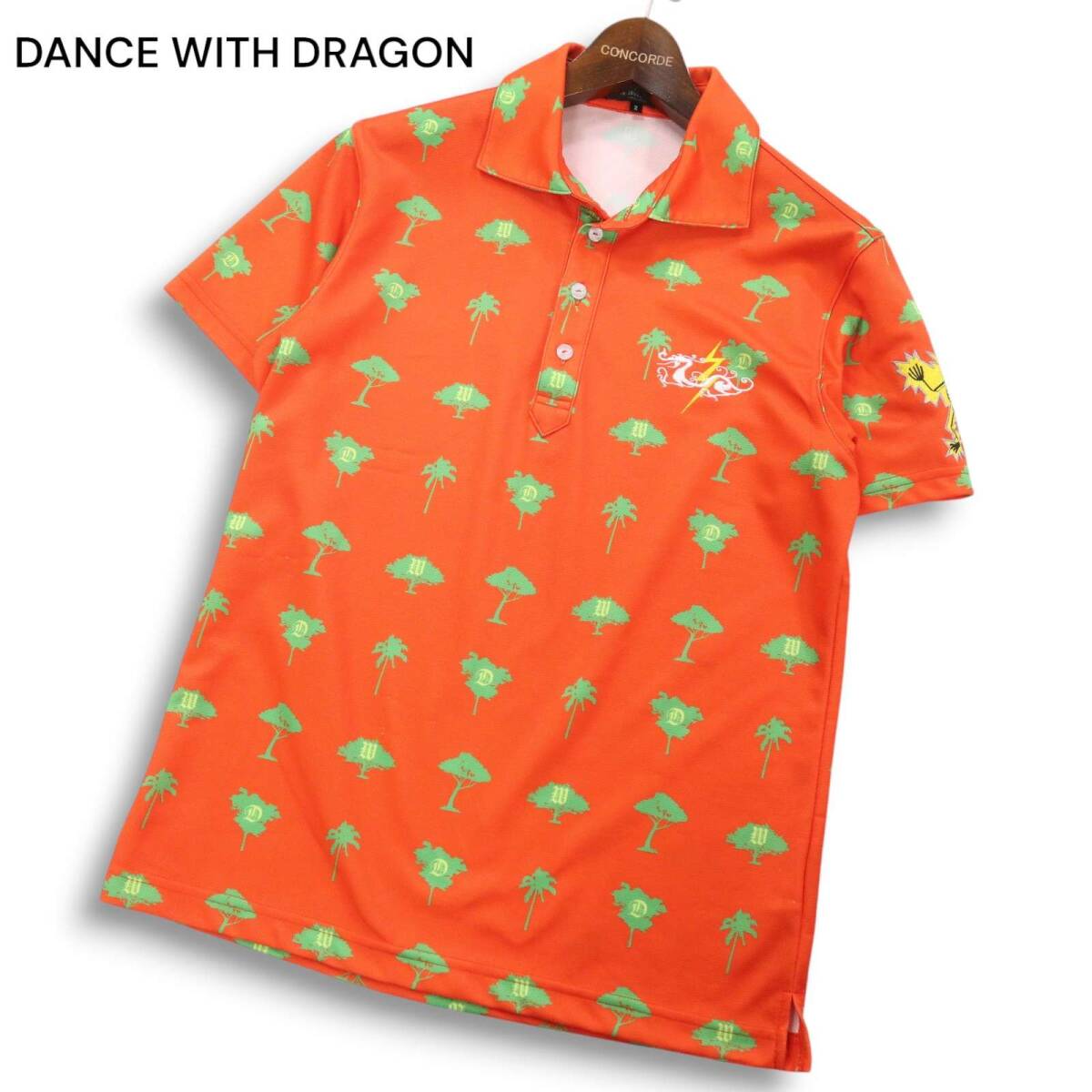 DANCE WITH DRAGON ダンスウィズドラゴン ゴルフ 春夏 ロゴ&イナズマ刺繍★ ツリー総柄 半袖 ポロシャツ Sz.2　メンズ