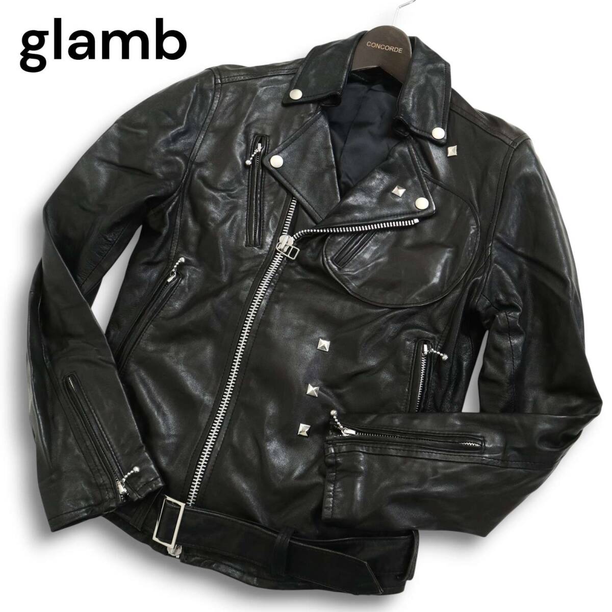 glamb グラム 秋冬 羊革★ ラム レザー スタッズ ダブル ライダース ジャケット Sz.1 メンズ 黒