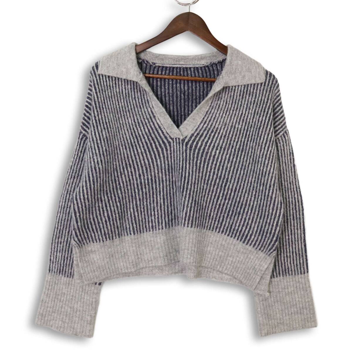 AND SEARCH アンドサーチ 秋冬★ ストレッチ リブ ニット スキッパー セーター Sz.M　レディース グレー