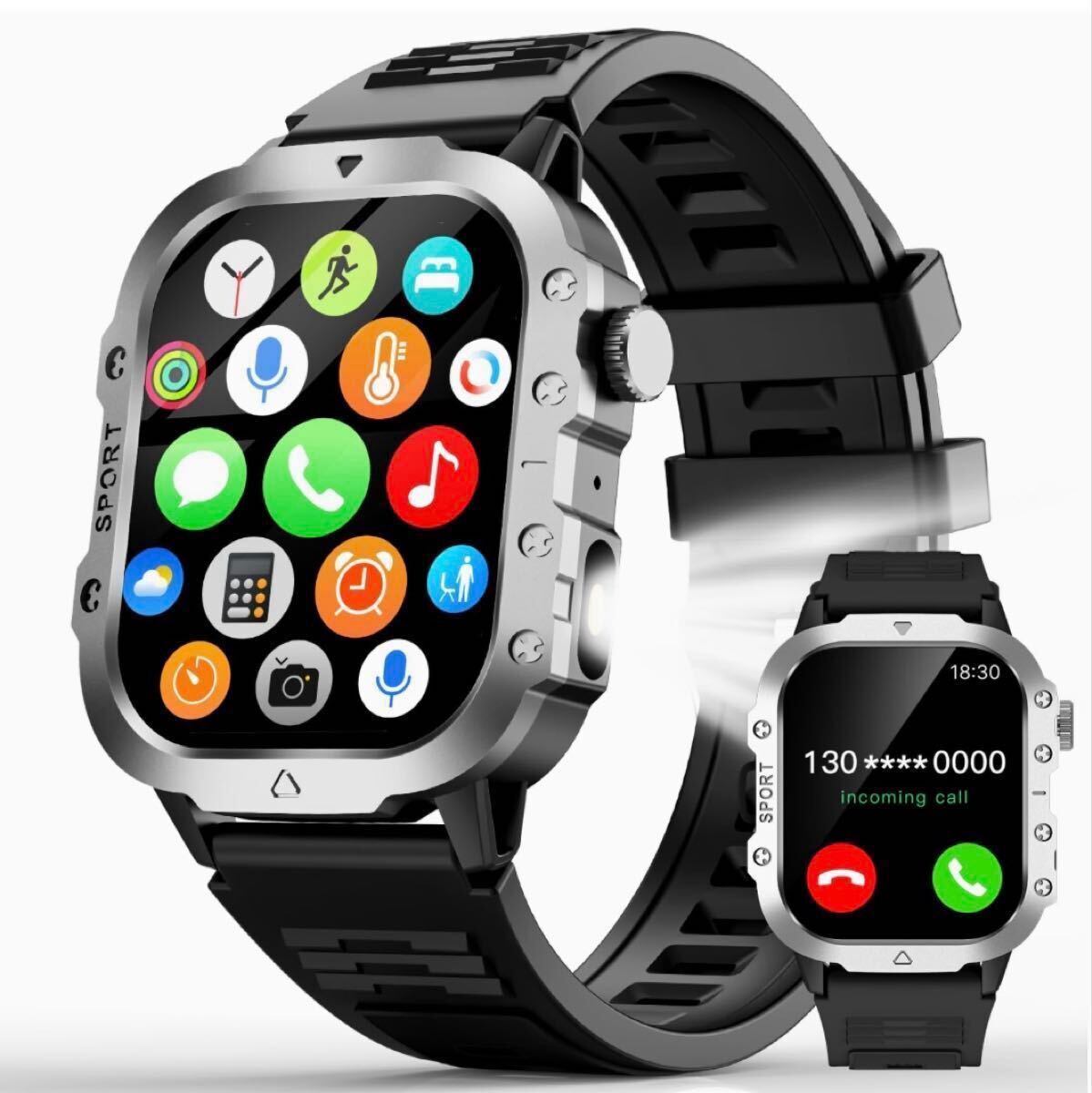 スマートウォッチ 軍用規格 Bluetooth 大画面 通話機能 メッセージ通知 マイク iPhone Android 腕時計 運動記録 音楽再生 メンズ ブラック