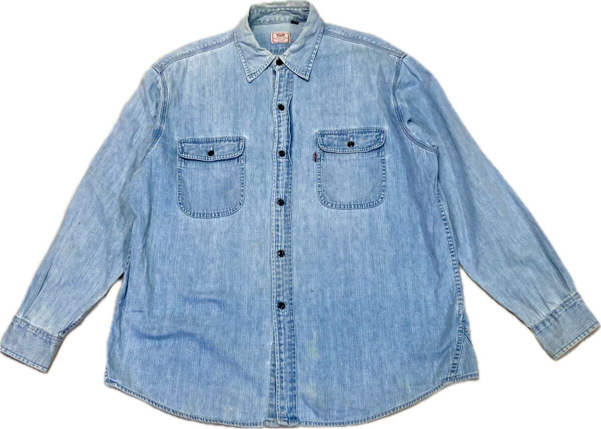 香港製★90'sリーバイスLEVI'Sピュアコットンデニムワークシャツ★ウォッシュアウトブルー