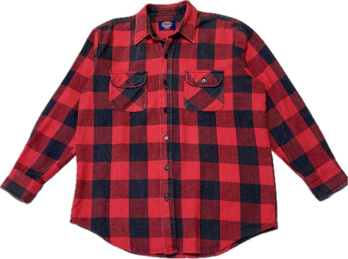 ヴィンテージ★ディッキーズDickies♂コットンリネンヘビーフランネルシャツ★バッファローチェック★赤黒