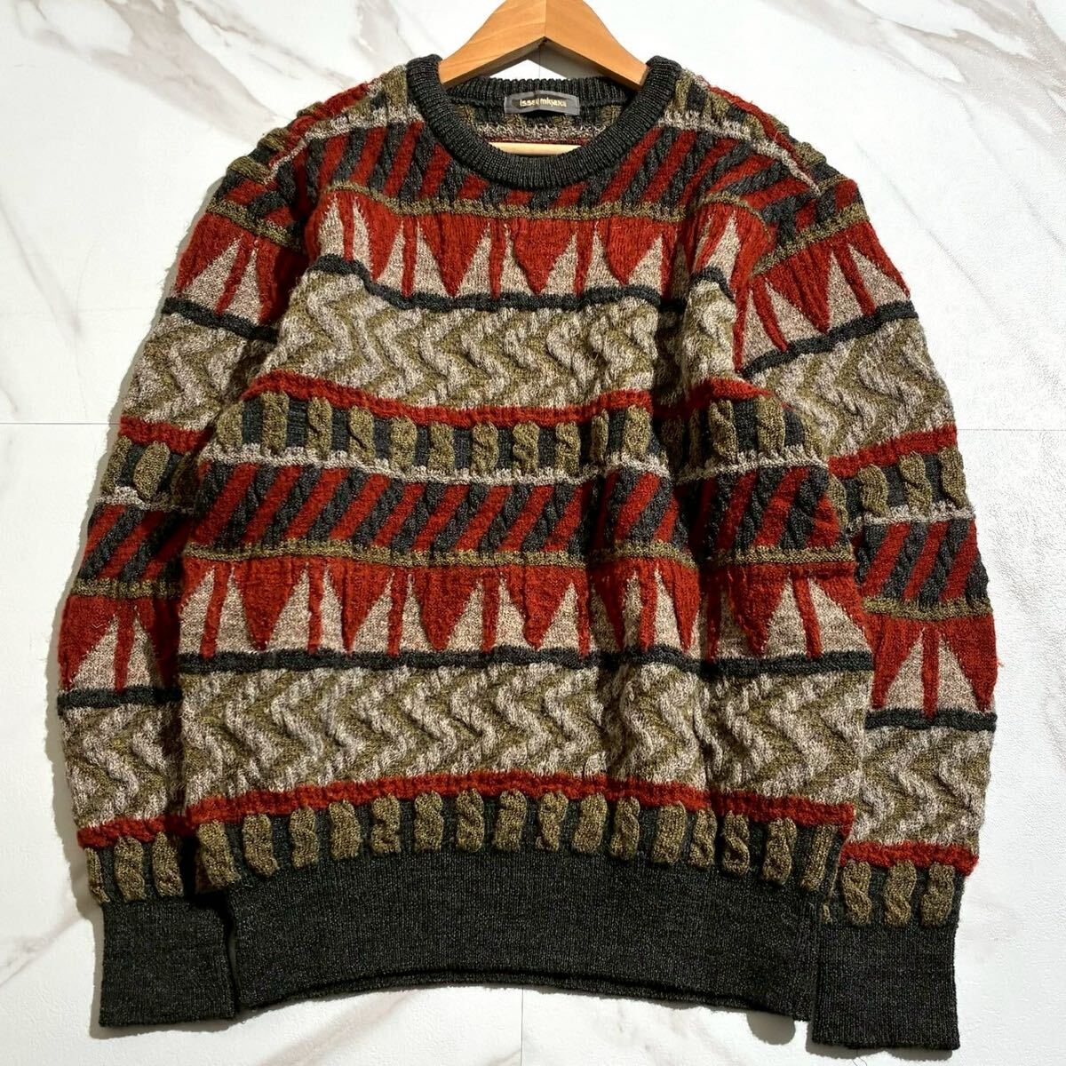 極美品 1980s◆ISSEY MIYAKE 3Dニット セーター 筆タグ 80年代 カラフル ウール L相当 メンズ 名作 アーカイブ vintage イッセイミヤケ
