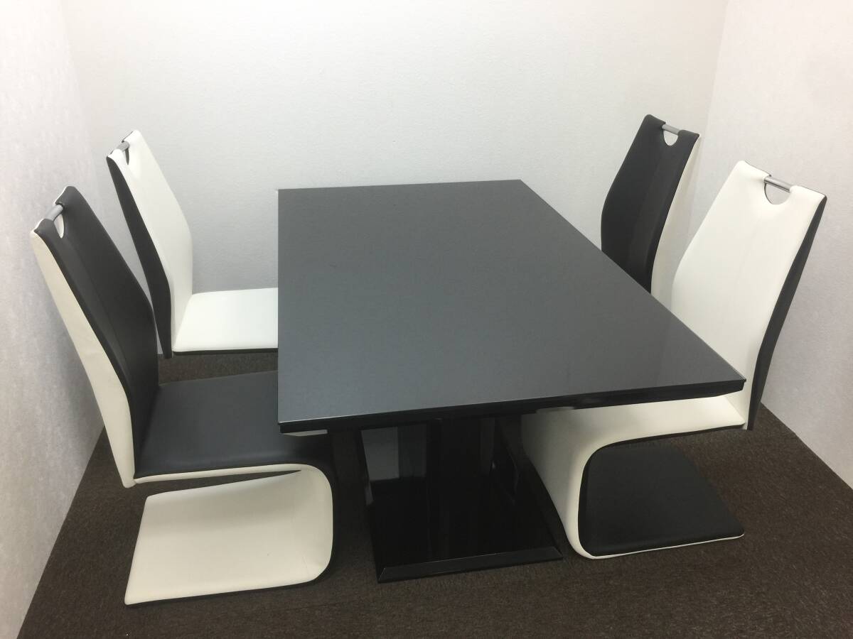 【定価約30万円】大川家具 サカイ工芸【ピカソシリーズ】ガラスダイニングテーブル/ダイニングチェア ホワイト ブラック 4脚 5点セット