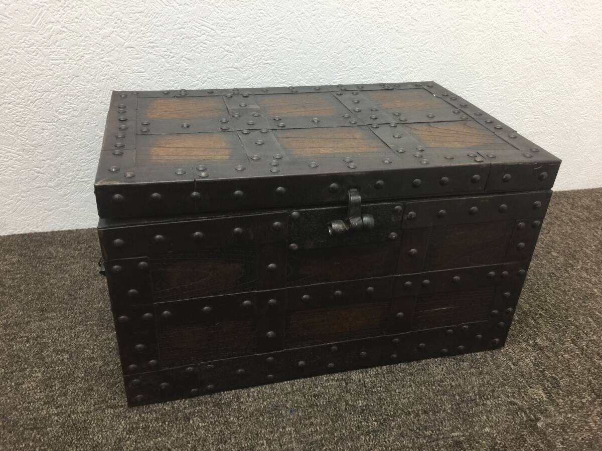 時代家具 欅 ケヤキ 木製 千両箱 道具入れ 銭箱 古民具 幅363/奥行230/高さ210mm 