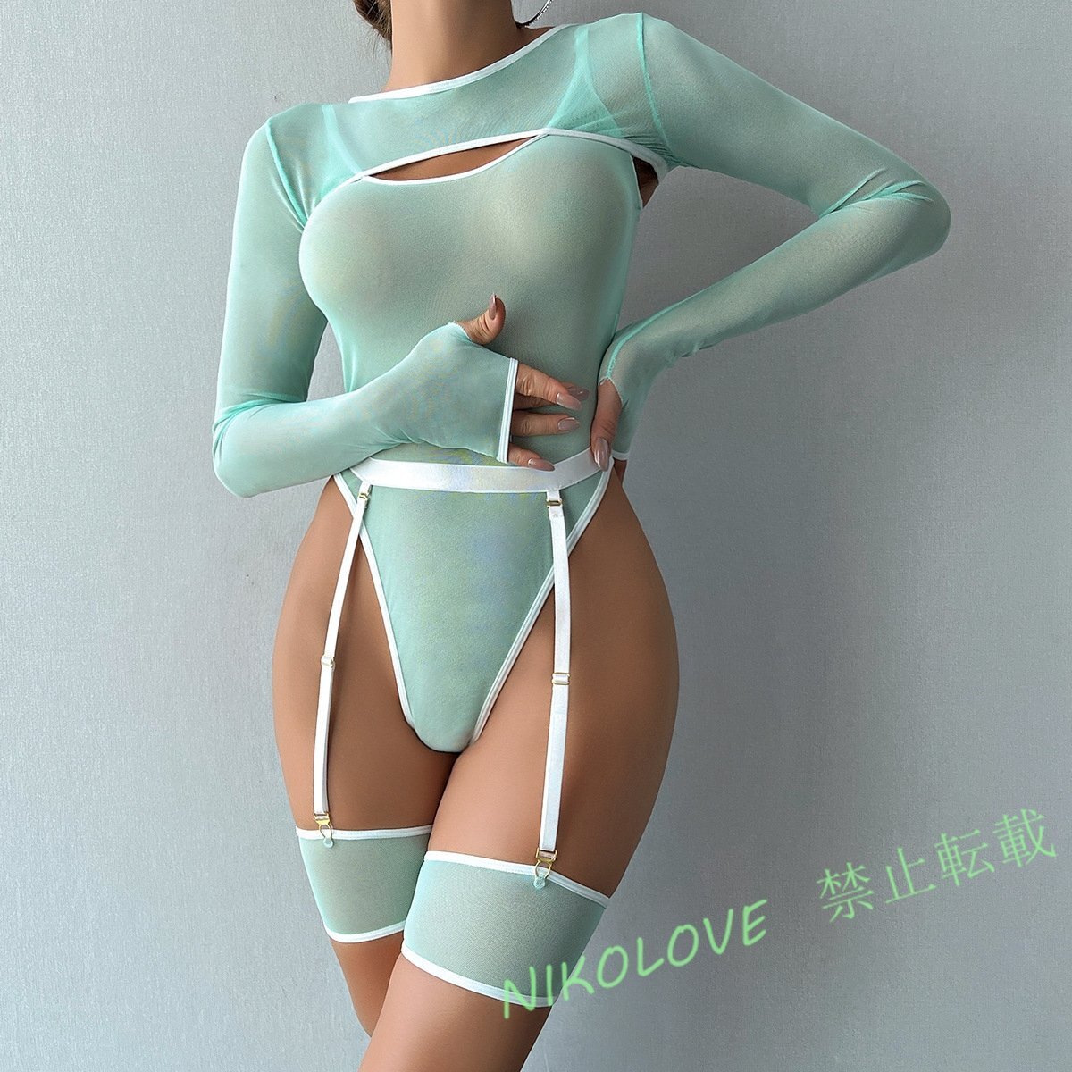 新品 カットソーレディース　◇綺麗めシルエット　◇　美ライン　魅惑Style sexy 肌見せ ボディスーツ 長袖　緑　