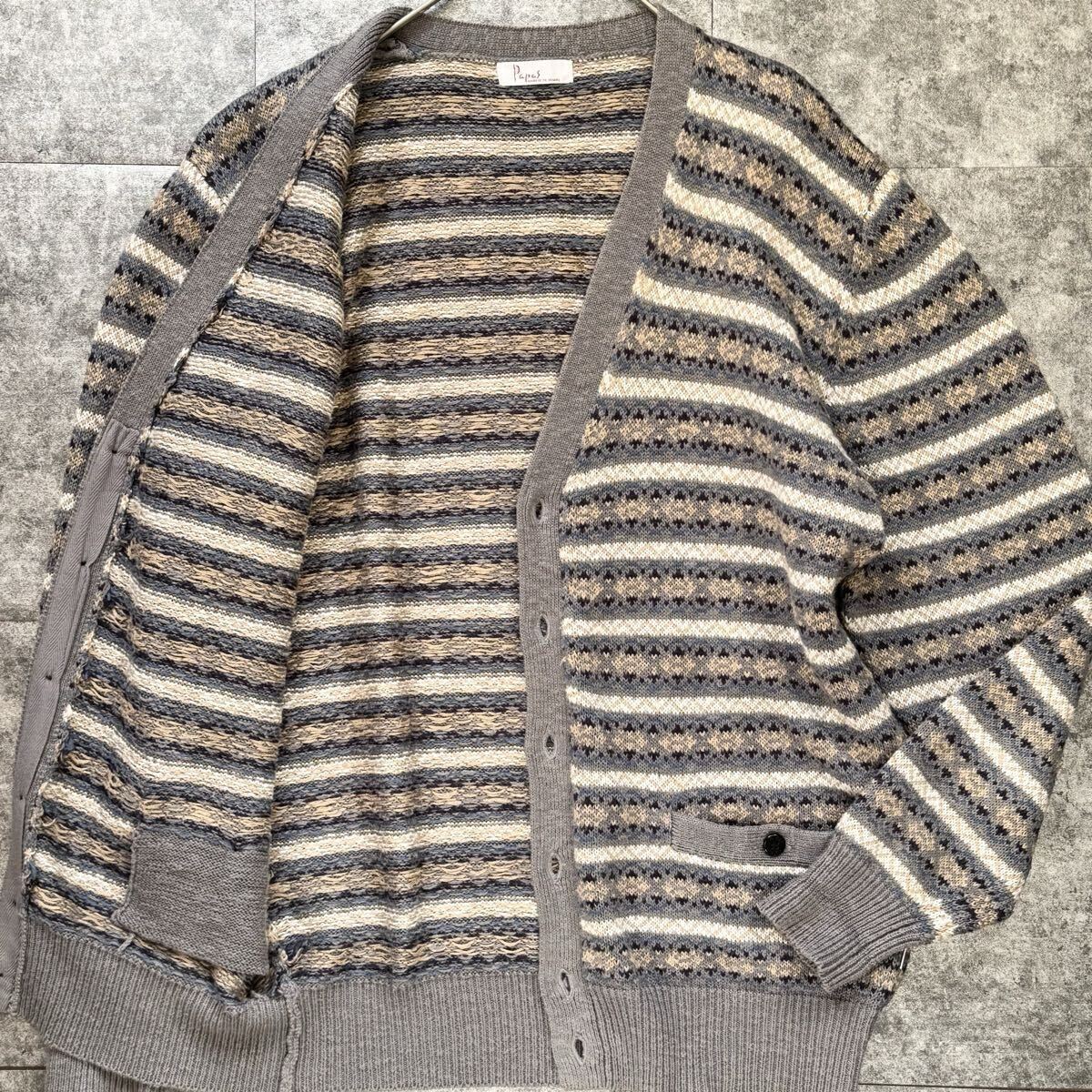 極美品/L相当◎パパス Papas フェアアイル 長袖ニット リネンコットン カーディガン ロゴボタン ワッペン グレー系 マルチカラー メンズ