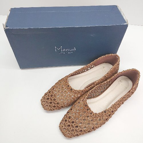 ◇ ◎ menue メヌエ スクエアトゥ 編みデザイン フラット パンプス サイズL ブラウン レディース E