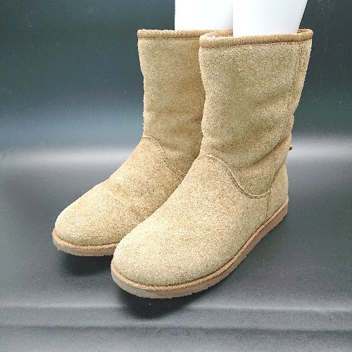 ■ エミュー ムートン生地 ぺたんこ ラウンドトゥ 冬物 冬向け ショート ブーツ サイズ24cm ブラウン レディース E