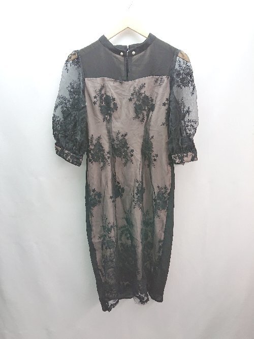 ◇ DRESS+ バックゴム 刺繍袖 パーティードレス DSZ0055 七分袖 膝丈 ワンピース サイズXL ブラック レディース E