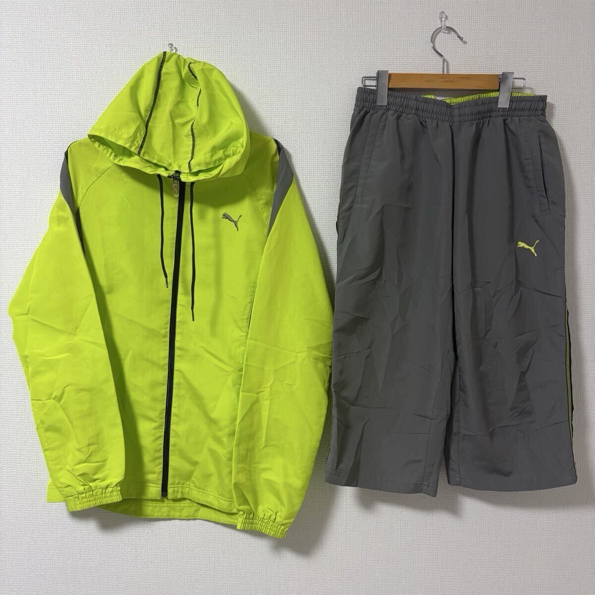 【XL相当】PUMA 薄手　ジャージ　上下セット　ハーフパンツ　プーマ　フード付き　黄緑　グレー　サッカー　トレーニングウェア　