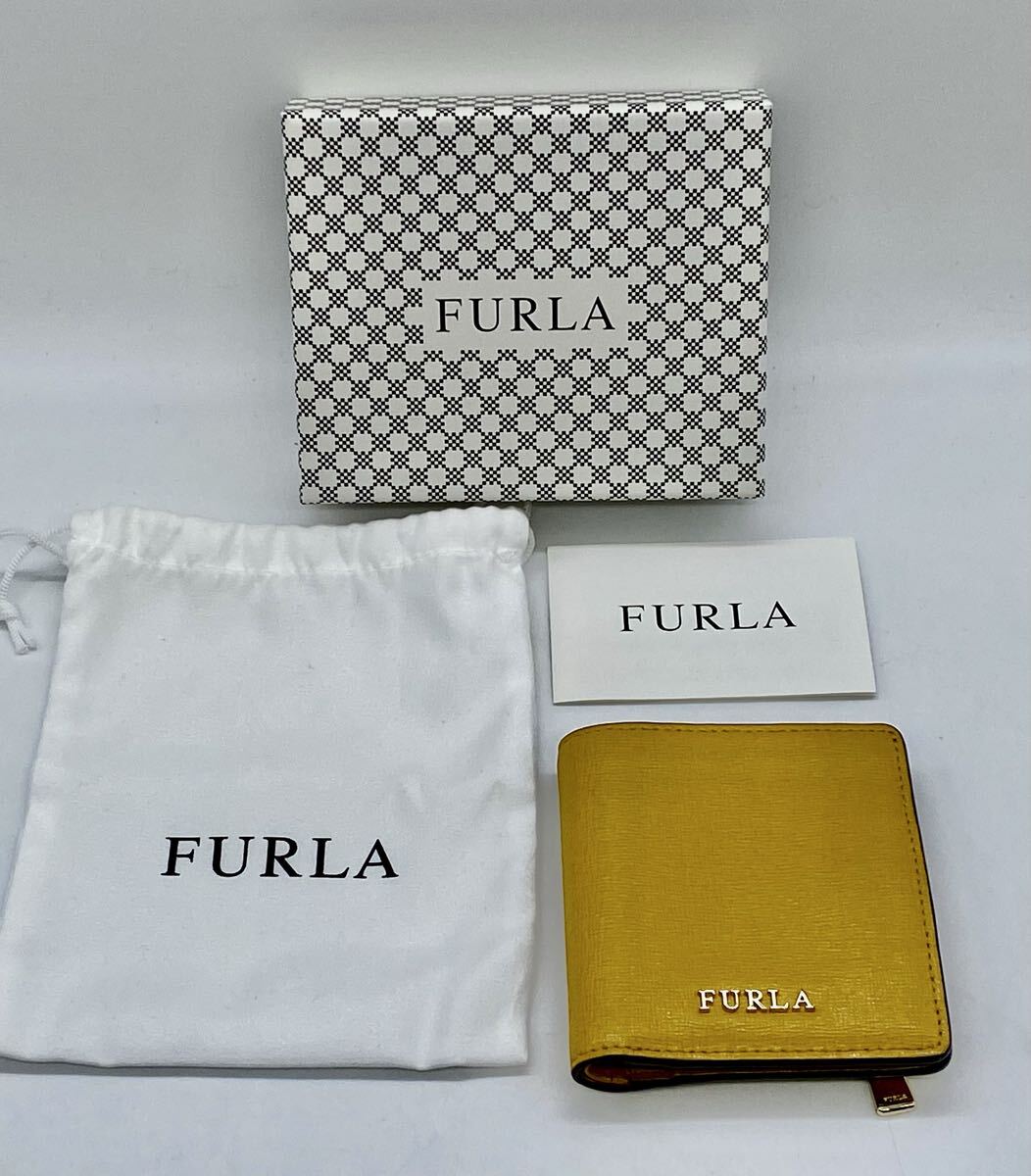 ◇FURLA フルラ ミニ 二つ折り財布 コンパクト レザー イエロー系◇保存袋付き