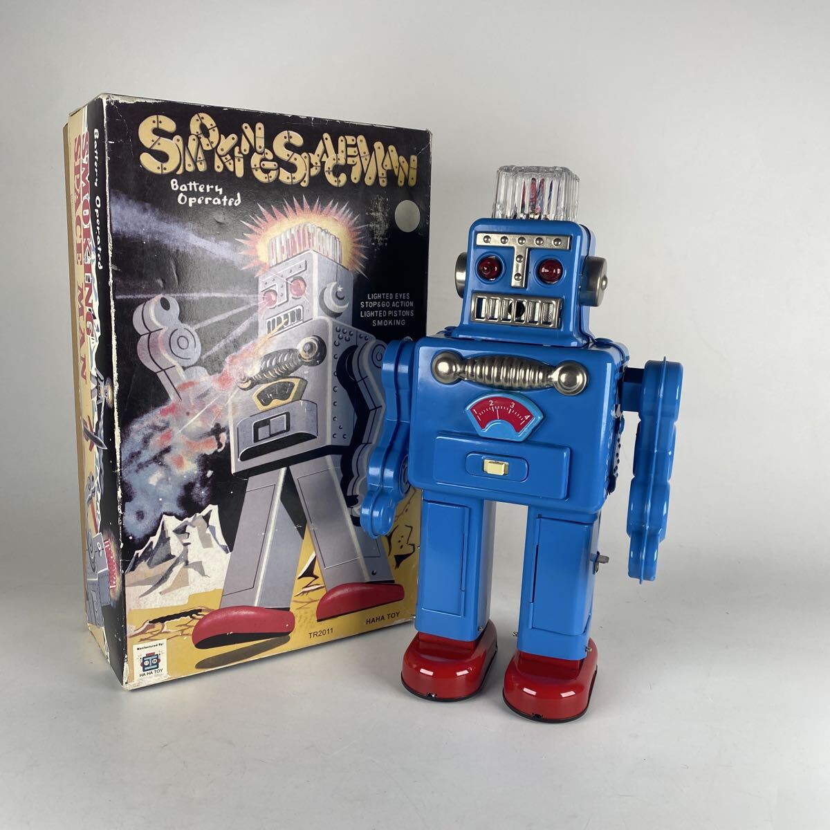 SMOKING SPACE MAN ブリキ ロボット 当時物 昭和レトロ HAHATOY TR2011 玩具 おもちゃ オブジェ 希少 レア物 共箱 美品 高さ30cm【1224】