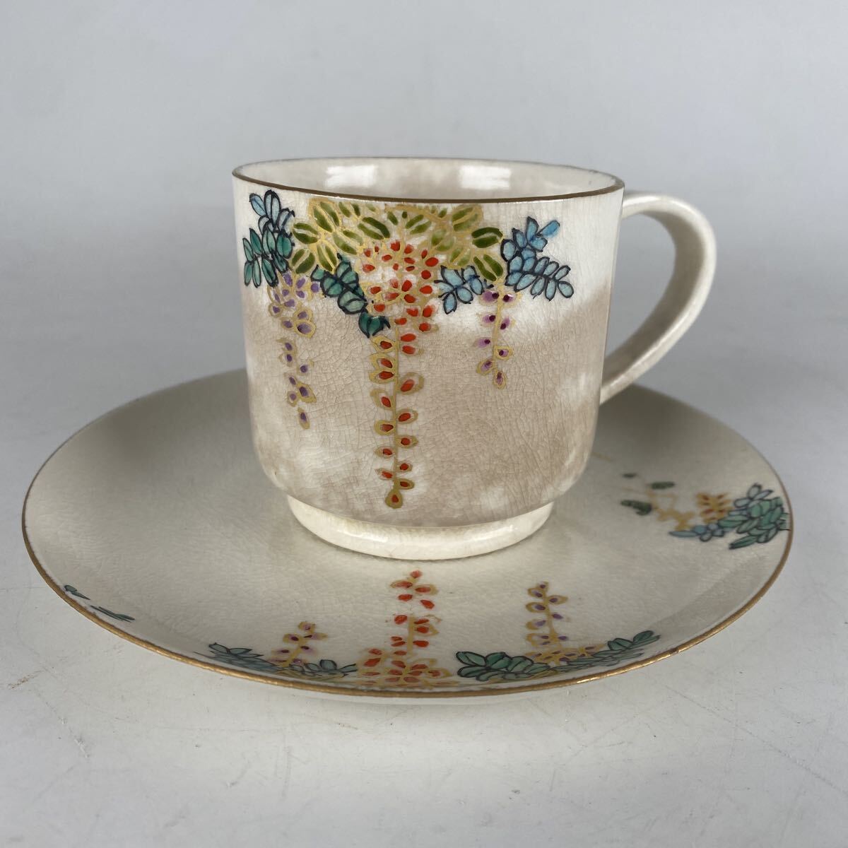 薩摩 薩摩焼 金彩藤絵珈琲碗 コーヒーカップ ソーサー 廣田 花押 美品 作家 在銘 骨董品 古美術品【1224】