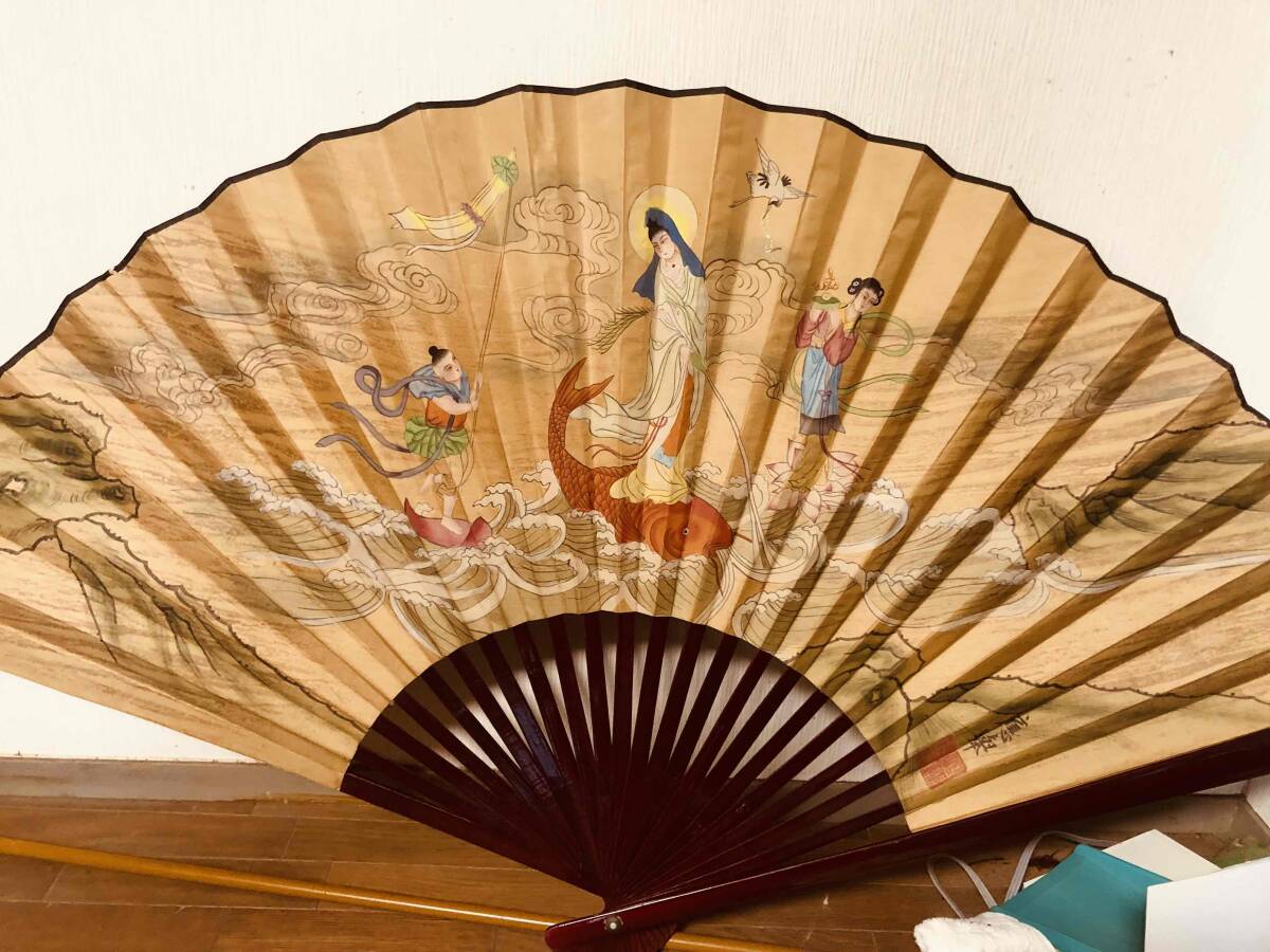 【幅134cm 慶翆銘】特大 飾り扇子 壁掛け 76cm 和室装飾 古道具 古民家 店舗ディスプレイ　巨大 舞扇子？ 76㎝ 大型インテリア 時代物