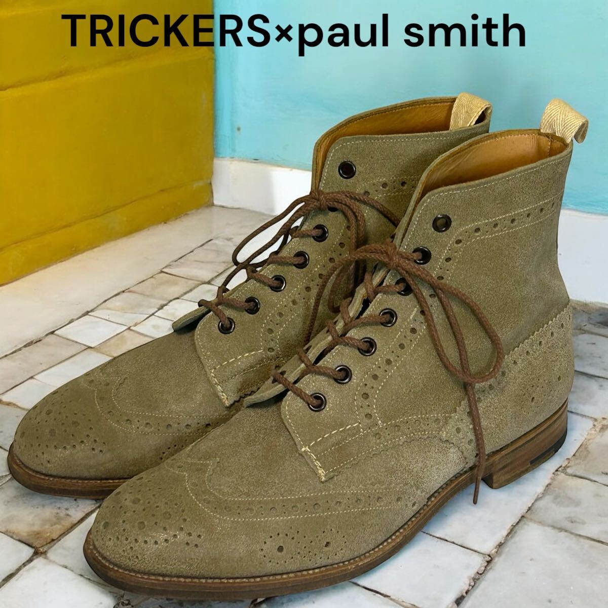 極美品 希少モデルトリッカーズ×ポールスミス スエードウイングチップ レースアップブーツ ベージュ 26cm Tricker’s