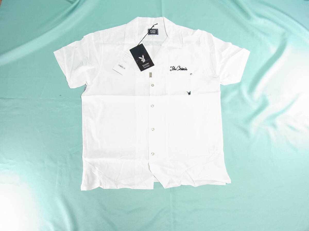 ＜　新品未使用　コラボ　PLAYBOY by THE CRIMIE　プリント 半袖シャツ Lサイズ 白　＞ プレイボーイ ブランド クライミー レーヨン