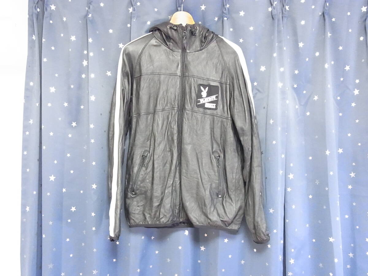 SCHOTT PLAYBOY プレイボーイ コラボ 羊革 ラムレザー コート ジャケット フード　Lサイズ　アウター ブルゾン ブランド パーカー 革ジャン