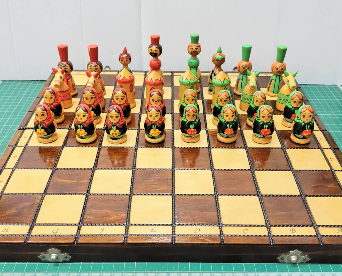 チェス マトリョーシカ ロシア ソビエト 木製 チェス台 アンティーク ビンテージ 当時物 ボードゲーム チェスピース●H5618