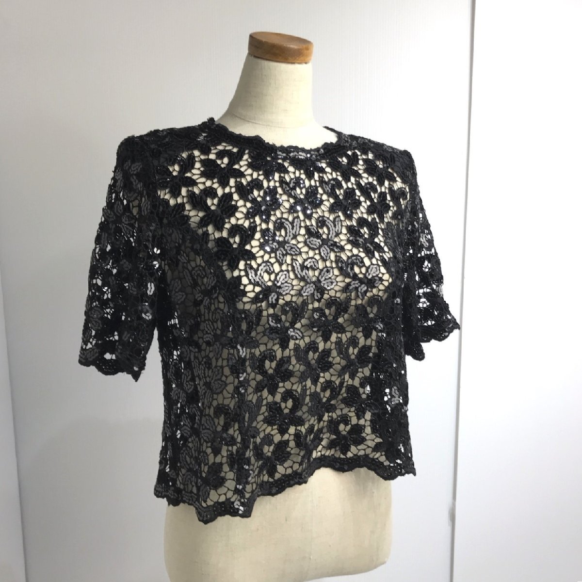 レディース シアートップス スパンコール 半袖 ブラック サイズ13R HARDY AMIES LONDON 日本製 レーヨン USED ドレッシー【道楽札幌】