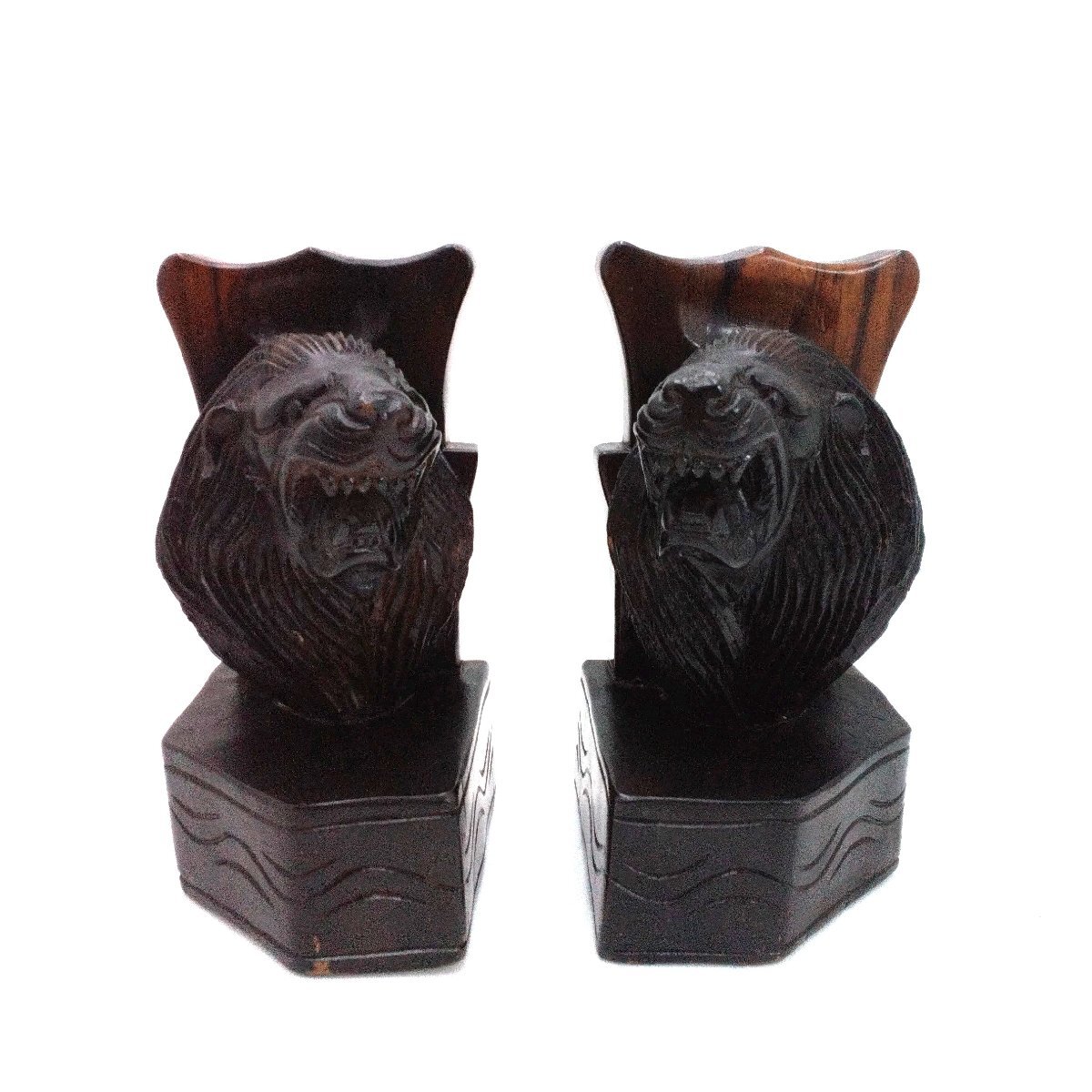 木彫り ライオン 置物 獅子 対 本立て ブックエンド 木製 ブックスタンド レトロ インテリア雑貨 土産 おしゃれ【道楽札幌】