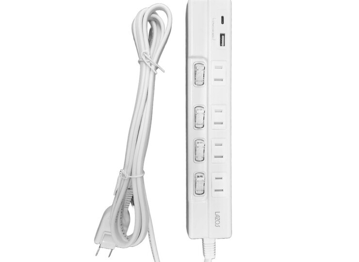電源タップ 節電スイッチ付 USB充電器 コンセントケーブル 2m AC×4 USB×2 Type-C対応 ラソス Lazos L-PS-20/3874