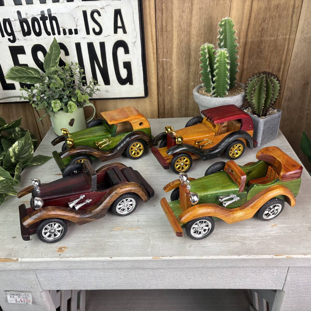 インテリア雑貨ナチュラルウッド木製クラシックカー4点セット置物ディスプレイ車コレクションおもちゃフィギュア