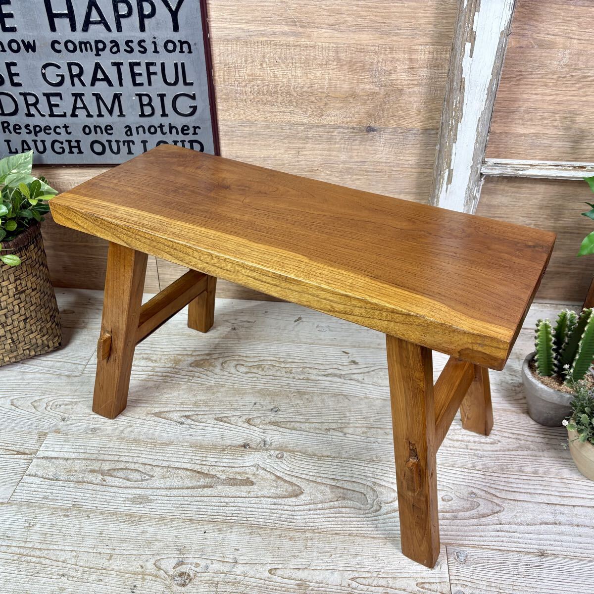 送料無料オールドチーク天然無垢材ベンチS(60㎝)木製一枚板、スツール、椅子ナチュラルウッド花台、置台飾り台、長椅子ベンチ、一枚板