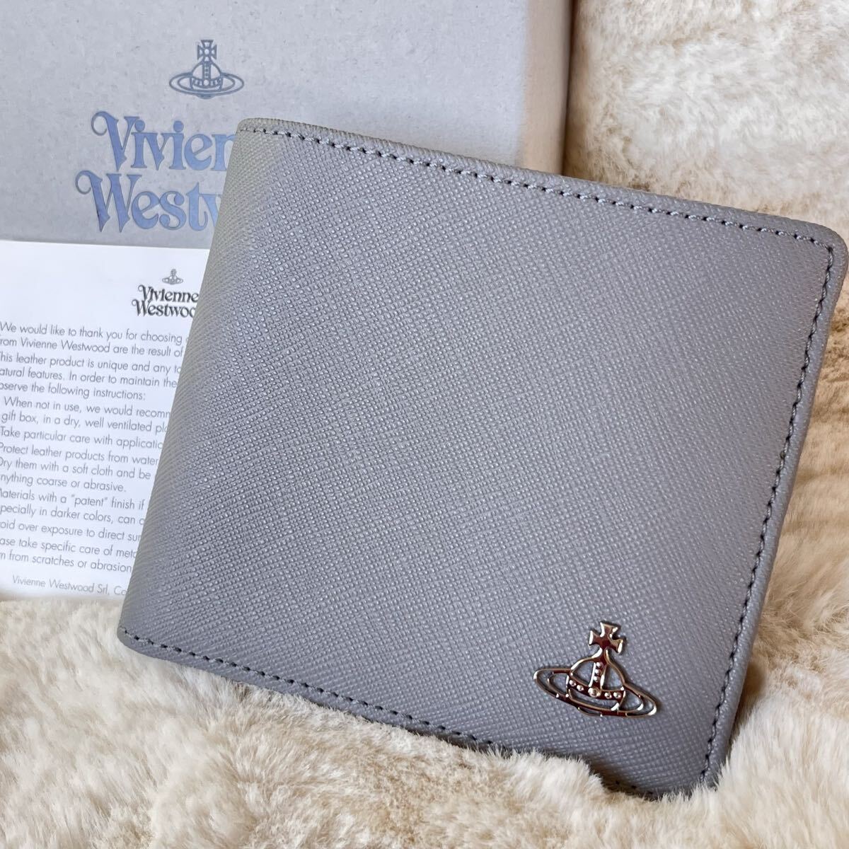 Vivienne Westwood◇メンズ イタリア製 サフィアーノレザー スリム財布 二つ折り グレー ヴィヴィアンウエストウッド Grey Made in Italy
