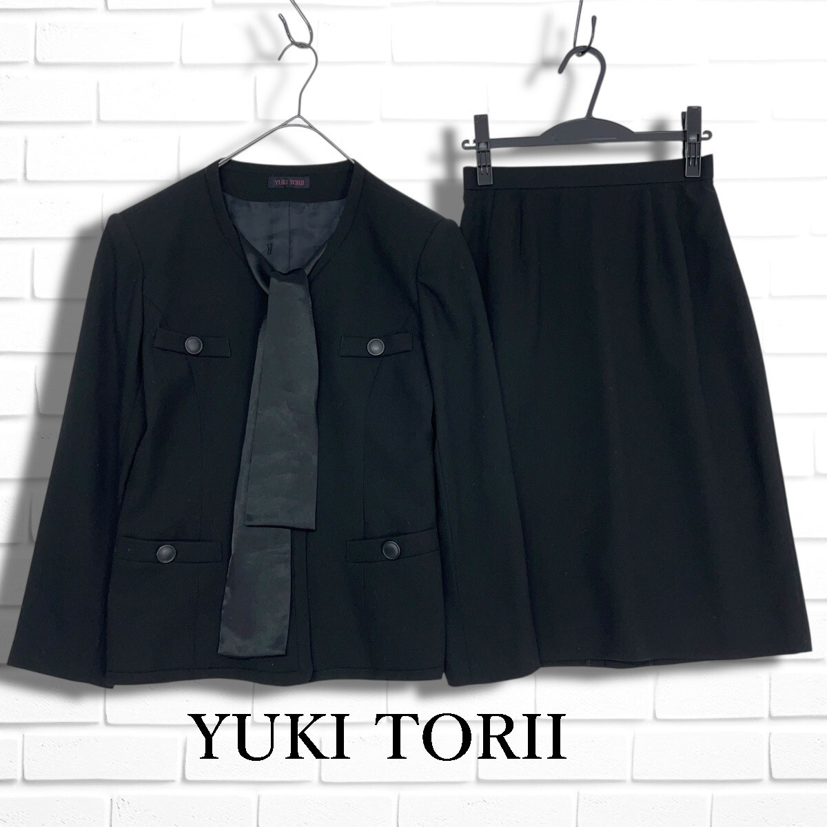 ◆良品◆ YUKI TORII ユキトリイ ブラックフォーマル 喪服 セットアップ ボウタイ ジャケット スカート スーツ 黒 レディース 11 0985L□