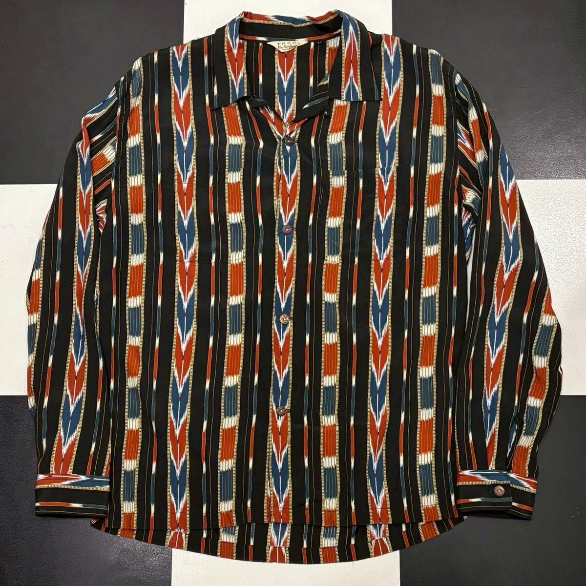 【935】 美品 FLAT HEAD ネイティブ ストライプ 柄 レーヨン オープンカラー シャツ 40 L ブラック 黒 black フラットヘッド native shirt