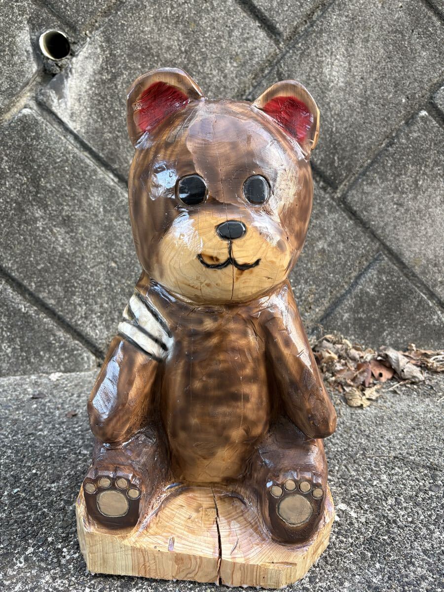 くま クマ 熊 チェンソーアート高さ57センチ横34センチ 置物 檜 木彫り 木製 アンティーク オブジェ 彫刻 インテリア