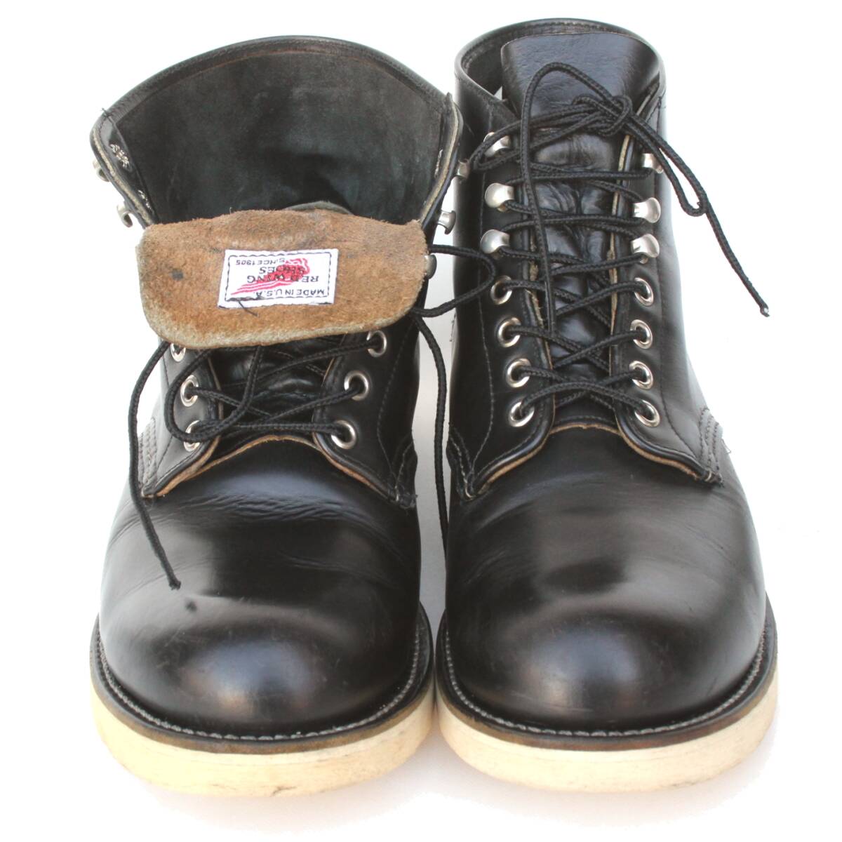 (51553)ベロ裏 茶芯1996年製REDWING8165レッドウィング8D約26cm (プレーントゥ ラウンドトゥ黒ブラック刺繍羽タグ旧羽タグ ヴィンテージ)