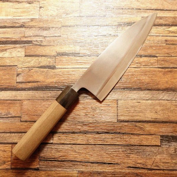 杉本 出刃包丁 研ぎ済 水牛柄 鏡面仕上げ ハガネ 片刃 185mm