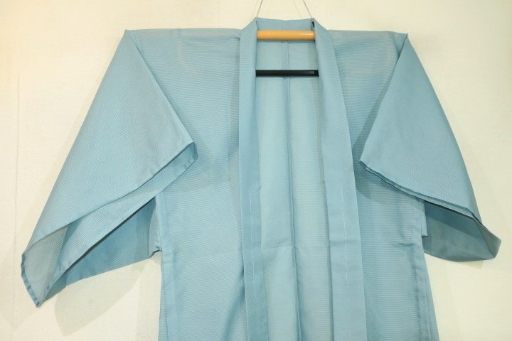 弐9777RM 化繊平絽 男羽織 裄70丈95К水浅葱色の無地 琉球筒袖十徳仕立て 新品仕立て上がり