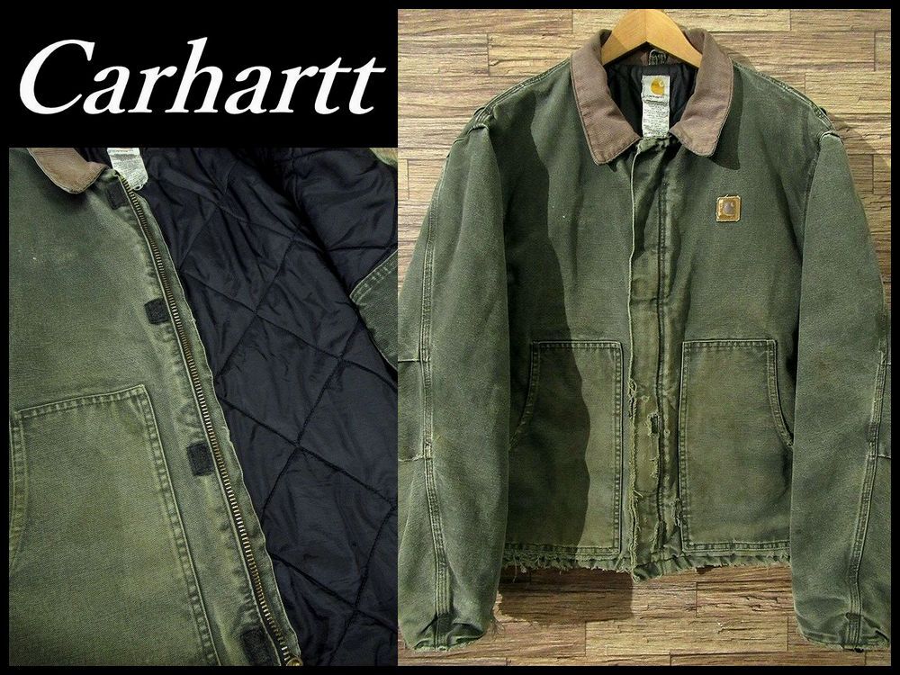 送無 希少 USA製 XL フェード感 雰囲気抜群 Carhartt カーハート J22 MOS ダック地 中綿 トラディショナル ジャケット ワーク モスグリーン