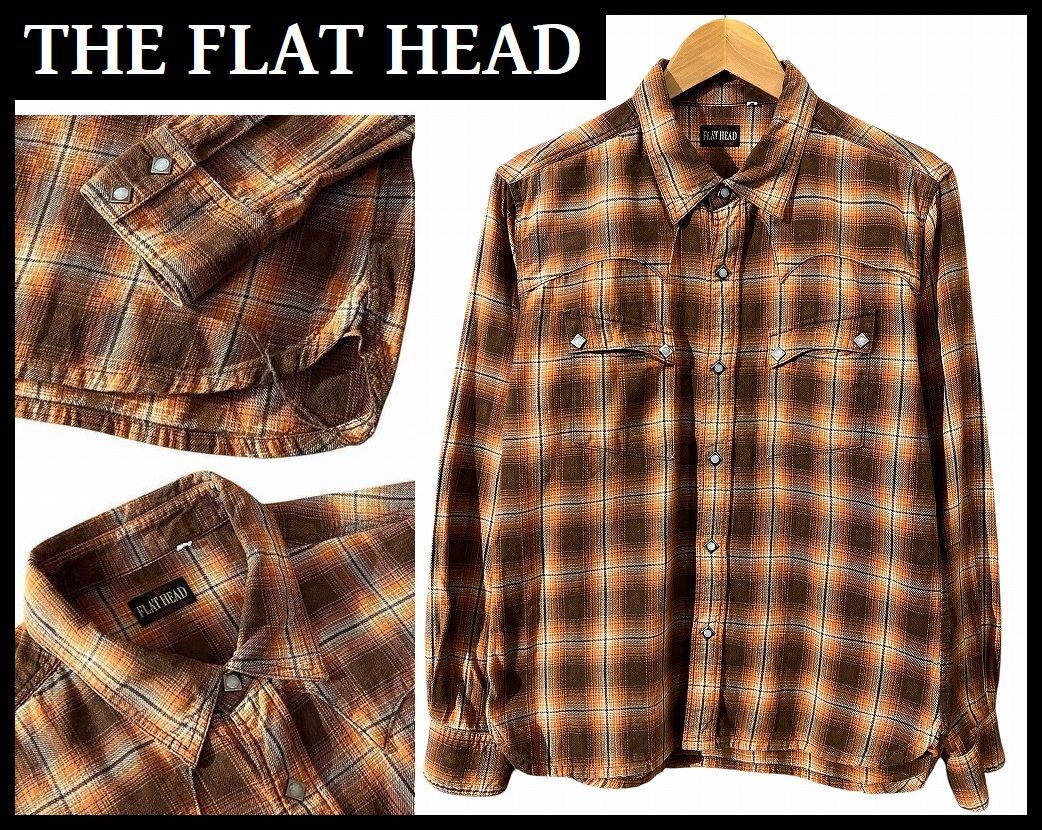 送無 THE FLAT HEAD フラットヘッド CW-44W L/S Native Check ドビー織り オンブレ ネイティブ チェック 長袖 ウエスタン シャツ オレンジ