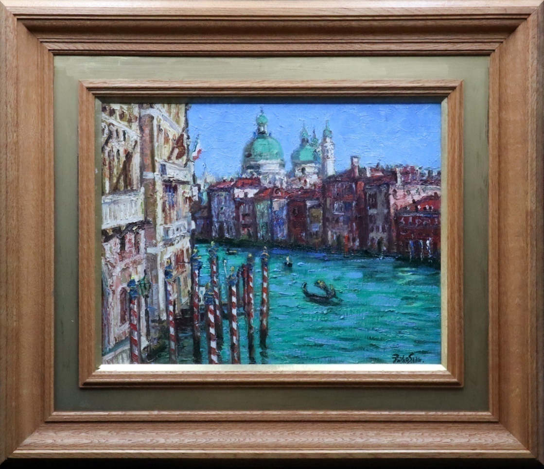 【宙】真作保証 二重作龍夫「VENEZIA」油彩 F6 サイン有 額装 共シール タトウ箱 緑の水面に浮かぶゴンドラ 太陽美術協会会長 [D]6G03.ii.F