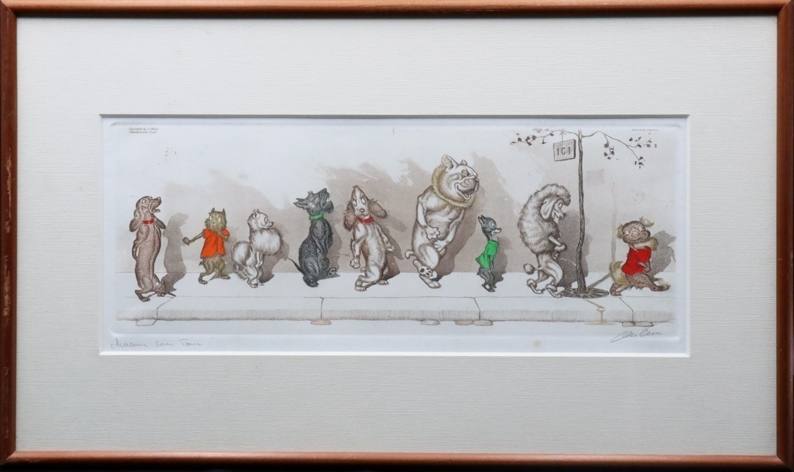 【宙】真作保証 ボリス・オクライン Boris O'Klein「Chacun Son Tour」銅版画 サイン有 額装 イヌ達のユーモラスな行進風景 [D]5D27.j.E