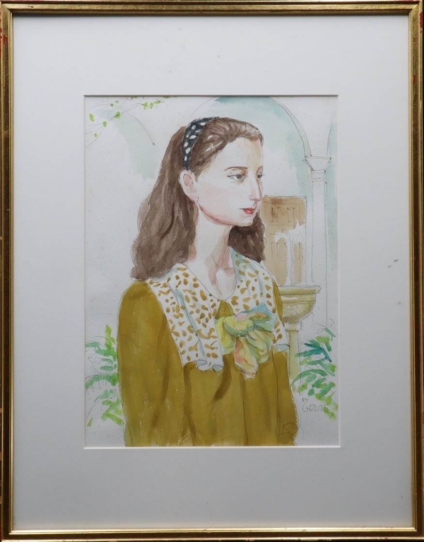 【宙】真作保証 寺島龍一「婦人像」水彩画 色紙画 サイン有 額装 芸術院会員 日展顧問 光風会理事 異国情緒漂う女性肖像 [D]9G15.m.3.2.E