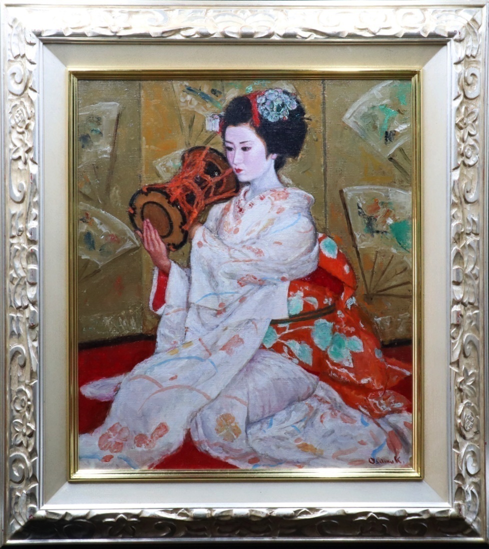 【宙】真作保証 北村修「鼓 君八重」油彩 F10号 サイン有 額装 舞妓の優雅な姿を描いた美人画秀作 一創会創立代表 元二紀委員 [D]8G12.l.G