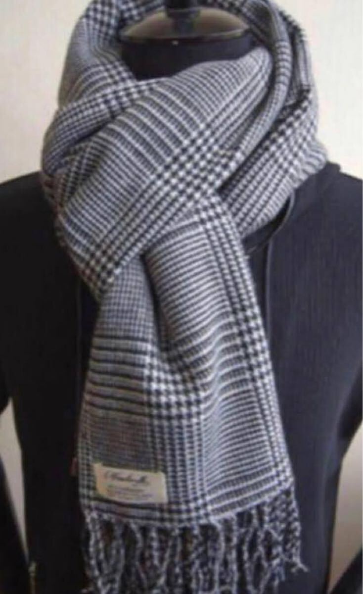 ◆カシミア100％英国”ストール”グレンチェック白黒long〇*:..azu00men